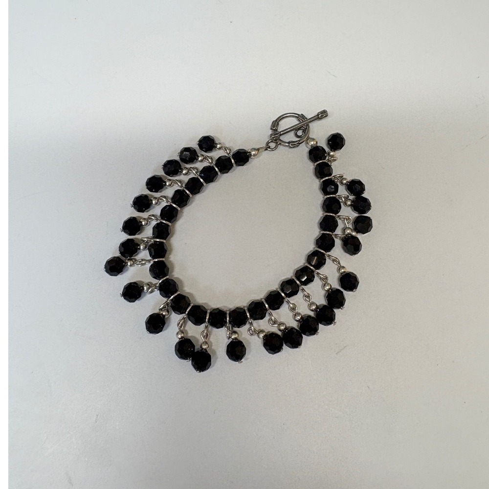 Vintage Style Black Beaded Fringe Double Strand Toggle Bracelet Silver Tone 7in